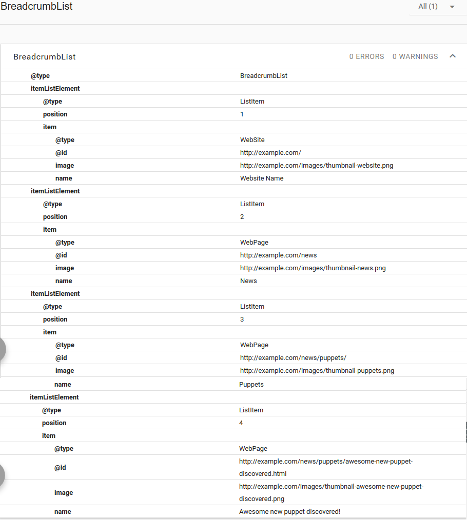 Full JSON-LD schema.org/BreadcrumbList markup